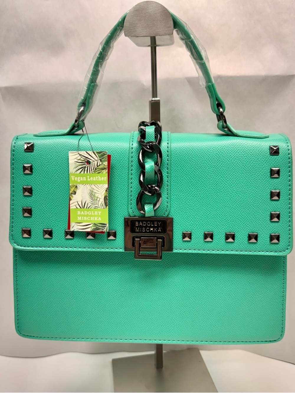 Badgley Mischka Mint Green Vegan Leather Studded Top-Handle Satchel NWT - Picture 2 of 6
